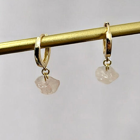 Raw rose quartz raw crystal & 14k gold plated huggies