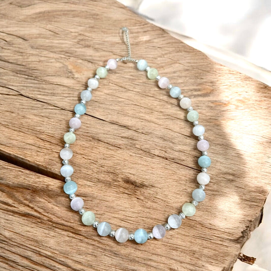 Pastel selenite (silver) beaded necklace