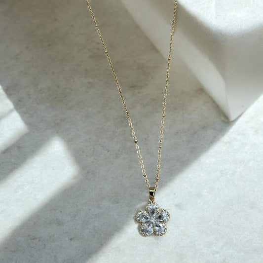 Clear diamanté flower & 14k gold plated chain necklace