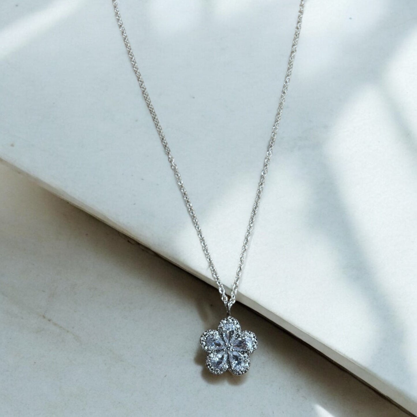 Clear diamanté flower charm & 926 silver chain necklace