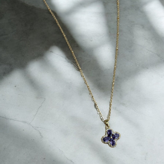 Purple clover & 14k gold plated chain necklace