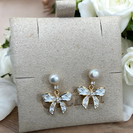 Bow & pearl dangle stud earrings