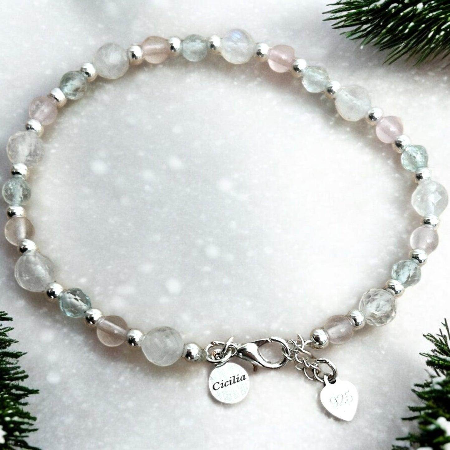 Moonstone, Rose Quartz, Blue Topaz and Sterling silver beaded bracelet